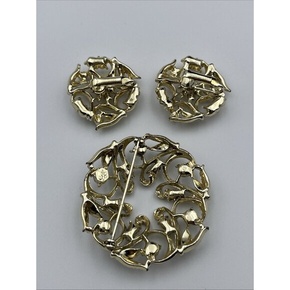 Vintage Sarah Coventry Brooch & Clip Earring Set Vines Rhinestones & Faux Pearls - Picture 2 of 6